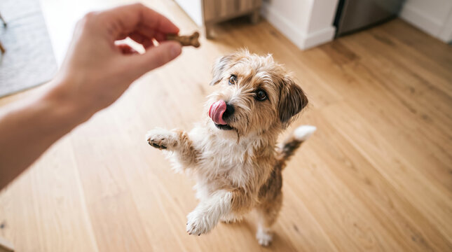 Small scruffy dog reaches up with front paws to catch a bone shaped biscuit from a hand while licking its nose in anticipation of a tasty snack on
