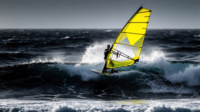 Active windsurfer rides huge ocean wave with bright yellow sail. Man balances on board navigating stormy sea during summer sport session. Powerful water splashes around athlete in dark blue marine