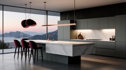Plakat Modern Scandinavian kitchen with muted grey cabinets, marble island. Burgundy pendant lights hang above velvet bar stools. Large glass windows offer scenic mountain, sea view at sunset. Luxury