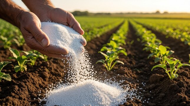 Man pours white granular fertilizer onto dark soil in a row crop field. Sunlight bathes healthy young plants growing in rich earth at sunset.