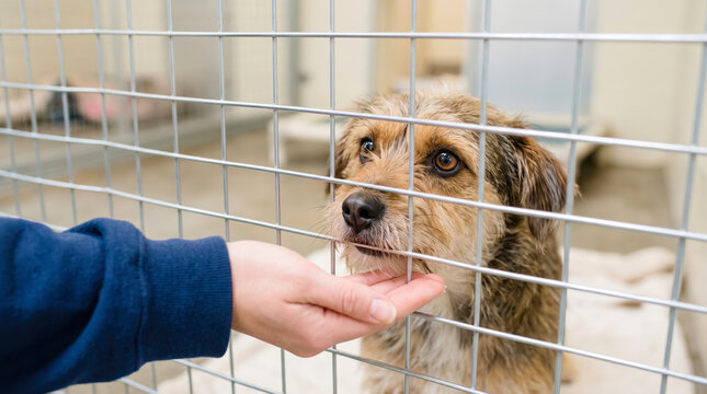 Person reaches through the metal wires of a cage to gently pet a small brown dog who is sitting on a white blanket inside an animal shelter building