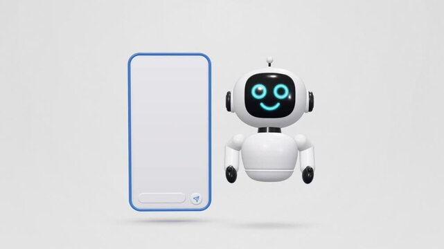 3D chatbot robot flies out of a smartphone screen and waves hi beside chat message bubbles