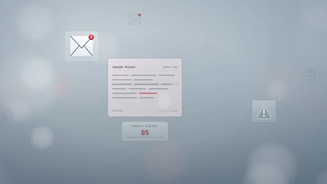 Email threat alert as warning icons multiply around a suspicious inbound message until a red alarm