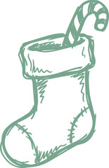 Obraz premium Green hand-drawn christmas stocking with candy cane