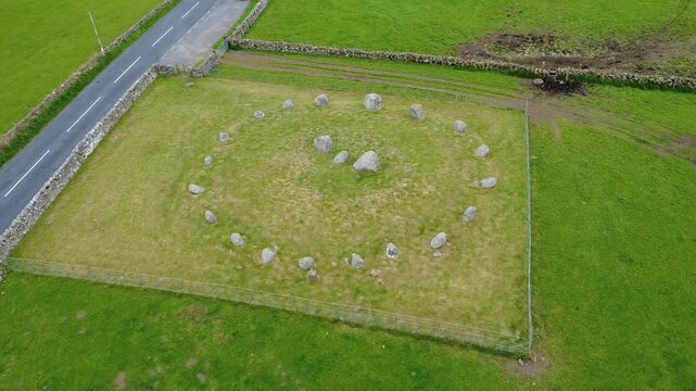 Aerial view of Torhouse Stone Circle, near Wigtown in Dumfries and Galloway, Scotland, UK