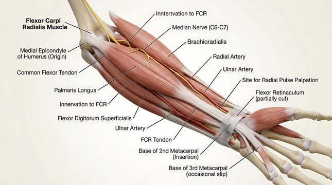 3D Photorealistic Complete Human Flexor Carpi Radialis Muscle Anatomy with Origin Insertion and Wrist Flexion