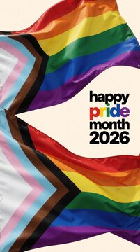 Colorful inclusive pride flag with rainbow stripes, chevron pattern waves against cream background. Text reads happy pride month 2026. Symbol for lgbtq diversity equality support, community