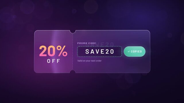Promo code coupon with 20 percent off discount revealed and copied with one tap