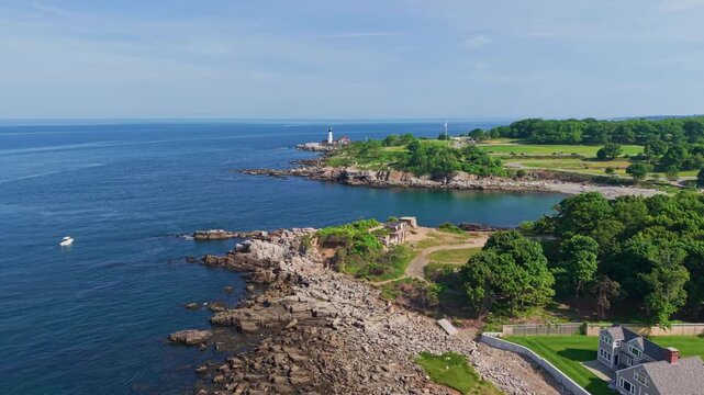 Aerial view of the rocky Cape Elizabeth coast and lighthouse in Maine