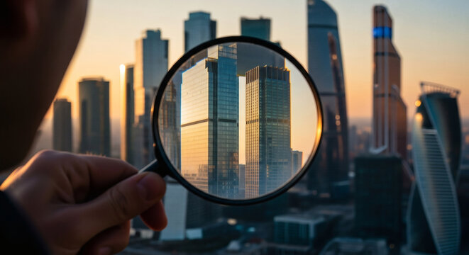 Magnifying glass held by hand focusing on modern skyscrapers in a large city skyline during a golden sunset light