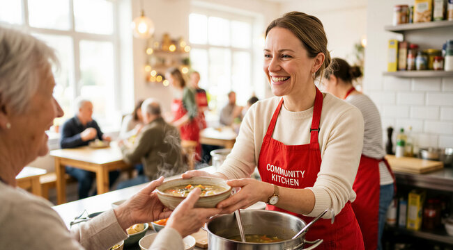 Smiling female volunteer serving hot soup from a large pot to an elderly woman in community kitchen, bright indoor setting. Charity, social service, volunteering, nutrition, care.