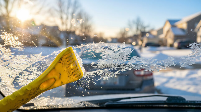 Yellow ice scraper clearing frost from car windshield on a sunny winter day, snowy suburban street background. Winter maintenance, automotive care, cold weather, seasonal transport.