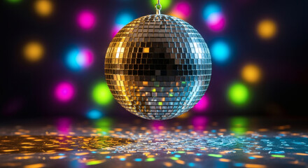 Fototapeta premium Disco ball hanging in a dark room with colorful vibrant bokeh lights reflecting on a polished glossy black surface floor