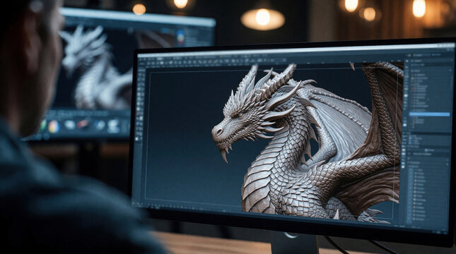 Digital artist creates detailed 3D dragon character using pro modeling software on computer monitor. Creative designer works on fantasy creature sculpting for film production. Close up of workstation