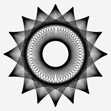 Abstract geometric mandala design with intricate black lines on white background. Symmetrical spirograph pattern features radial starburst shape, circular guilloche ornament. Minimalist art creates
