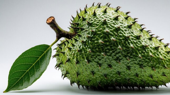 Whole soursop fruit sits on white surface with attached stem and large green leaf. Tropical produce displays spiky rind texture perfect for fresh juice or exotic ingredient photo.