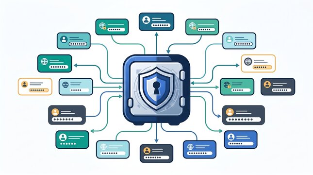 Secure centralized login password management system, infographic illustration.
