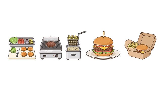 Burger making process step by step set with ingredients, grilling patty, frying french fries, ready burger on plate, and takeout packaging box.