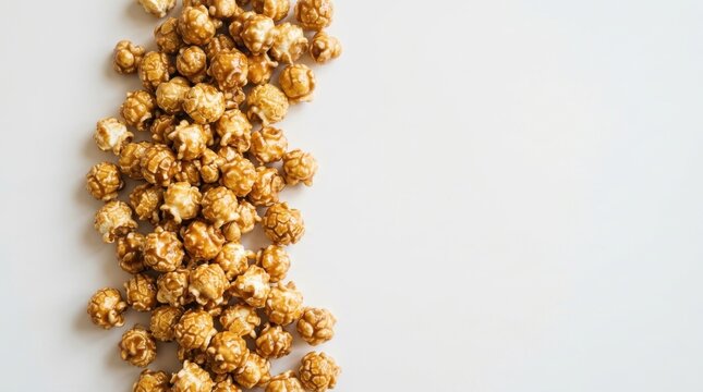 Delicious golden brown caramel popcorn arranged on the left side of a clean white background with ample copy space, perfect for sweet snack marketing, cinema themes, or food blog headers.