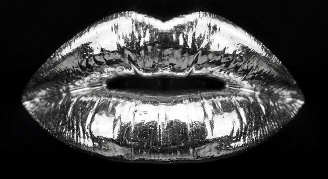Close up of lips covered in metallic silver glitter, high contrast black and white photography, glamorous beauty look. Fashion, cosmetics, makeup artistry, luxury lifestyle.