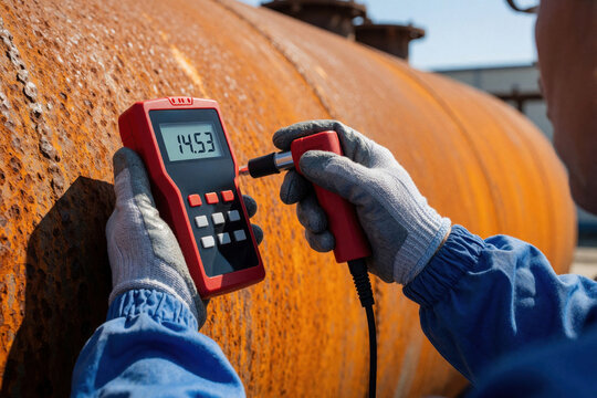 Industrial inspector uses ultrasonic thickness gauge to check rusty metal tank. Technician holds digital device with sensor on large orange steel pipe. Professional worker performs non destructive