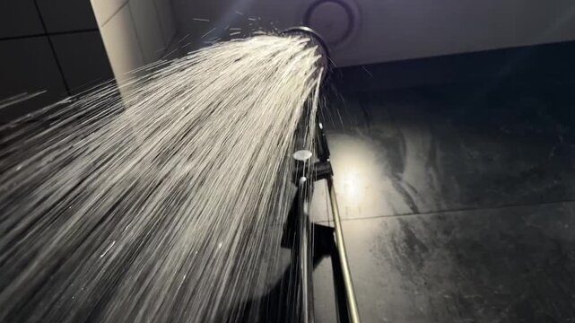 Running shower head with water stream in modern bathroom, plumbing fixture for hygiene and washing. Bathroom equipment for installation, repair, accessible shower, disability access and personal care.