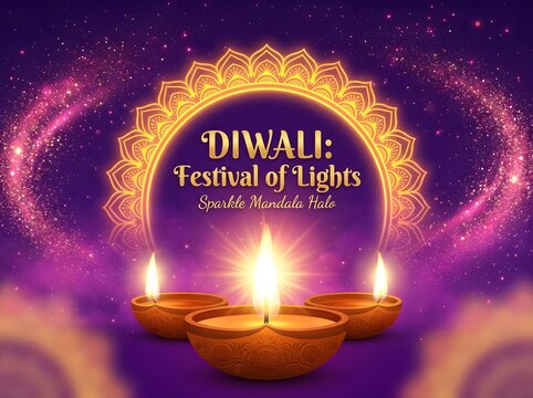 Diwali Festival of Lights sparkle mandala halo with three glowing clay diyas on purple background with pink glitter swirls