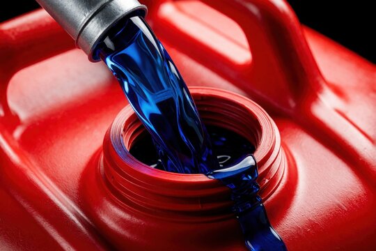 Blue two stroke motor oil pours from nozzle into red plastic fuel tank. Person mixes gasoline, oil for outboard engine. Close up of liquid mixture for boat motor preparation during marine trip