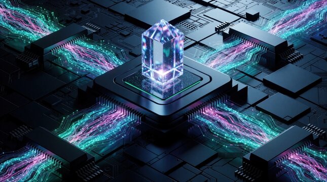 Isometric 3D concept of AI observability platform. Central glowing crystal chip processes telemetry data stream on dark circuit board. Digital workflow with cyan, violet light tracks shows enterprise