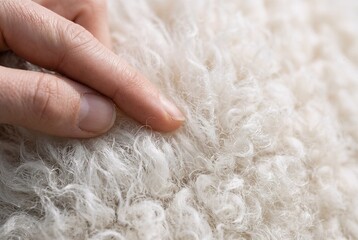 Fototapeta premium Extreme macro close-up of clean fingers gently touching the soft white fleece of an alpaca for sustainable textile and organic fashion brand visuals.