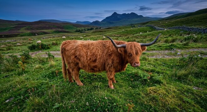 Majestic Scottish Highland cow with long horns standing on a lush green meadow in the Scottish Highlands against a backdrop of rugged mountains and rolling hills during a serene twilight.