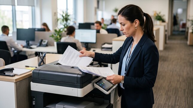 Businesswoman operating a copier machine in a modern office environment with colleagues working in the background