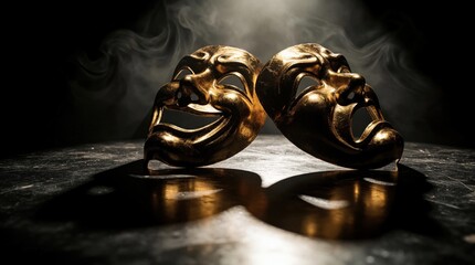 Fototapeta premium Gold comedy, tragedy theatrical masks sit on dark stage. Two metal drama masks under spotlight with smoke effect. Dramatic performance art props reflect on floor. Classical acting concept for theater