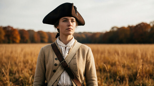 Serious woman soldier wears colonial era uniform, tricorn hat. Female reenactor stands in autumn field with historical military clothing. Young lady looks ahead with determined face in vintage war