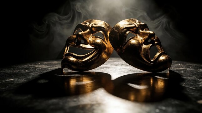 Gold comedy, tragedy theatrical masks sit on dark stage. Two metal drama masks under spotlight with smoke effect. Dramatic performance art props reflect on floor. Classical acting concept for theater