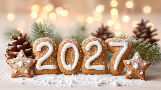 Festive gingerbread display with 2024 icing, stars, pine cones, and holiday cheer