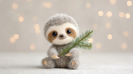 Obraz premium Adorable fluffy sloth holding pine branch with bokeh background for winter decor