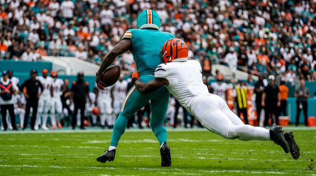 American football player in teal being tackled by opponent on the field during a game