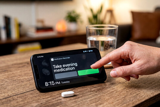 Smartphone medication reminder notification pill water health app stock