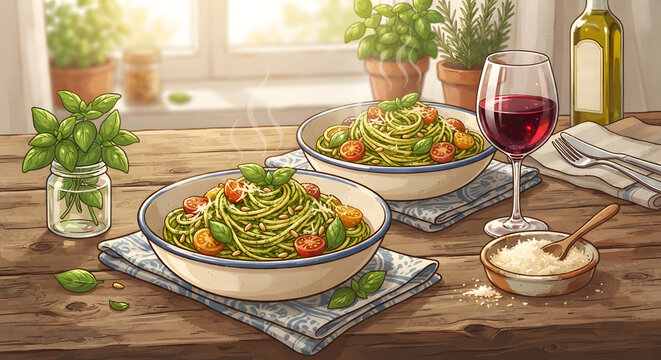 Spaghetti pesto dinner for two by a sunny window