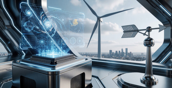 Futuristic LLM chip displays holographic weather interface with storm data. Smart sensor shows wind vane, wind turbine near city skyline. Advanced tech predicts climate change, renewable energy
