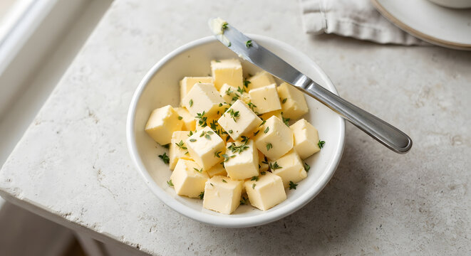 Bowl of cubed butter with herbs and knife