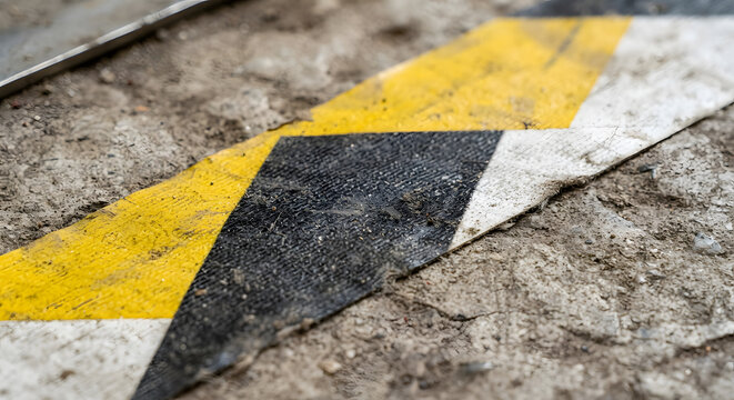 Worn safety tape stripe on dusty concrete floor