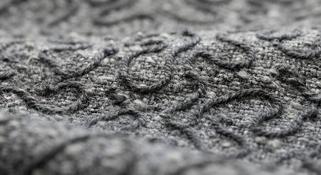 Macro close up of gray embroidered yarn fabric texture