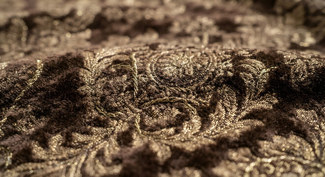 Macro close up of brown velvet embroidered fabric texture