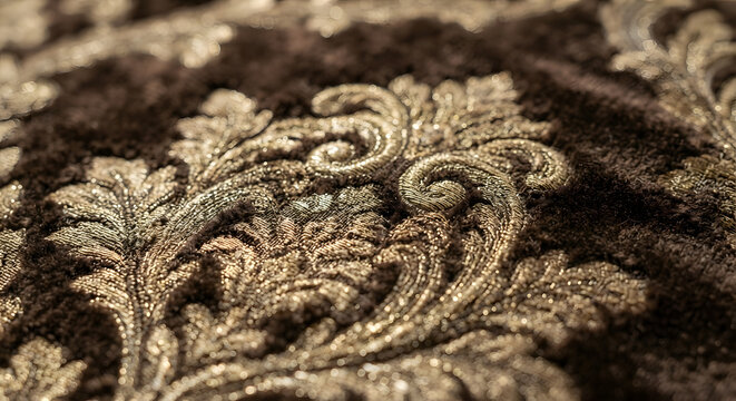 Macro close up of luxury gold damask embroidery fabric texture