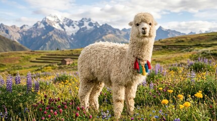 Fototapeta premium Dynamic Fluffy Alpaca Standing Amidst Vibrant Wildflowers with Stunning Snowy Mountain Backdrop