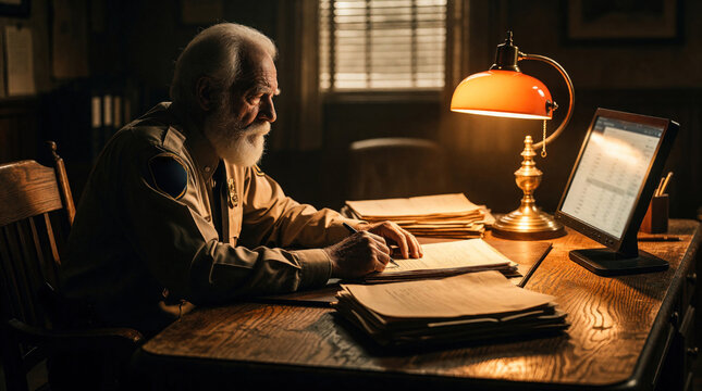Elderly retired parole officer works alone at wooden desk in dark office. Senior law enforcement man reviews digital dashboard, paper case files under warm lamp light. Serious man focuses on risk