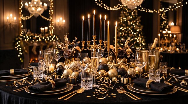 Elegant New Years Eve Dinner Table Setting With Champagne And Festive Decorations
