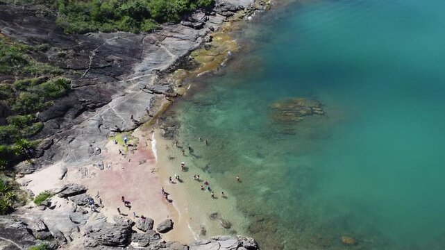 Cinematic Aerial View of Areia Vermelha Beach, Praia do Morro, and Buenos Aires Mountains in Guarapari
